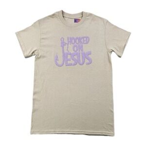 Hooked On Jesus Women's Small Tan Puffed 3D Purple Spell Out Print T Shirt‎